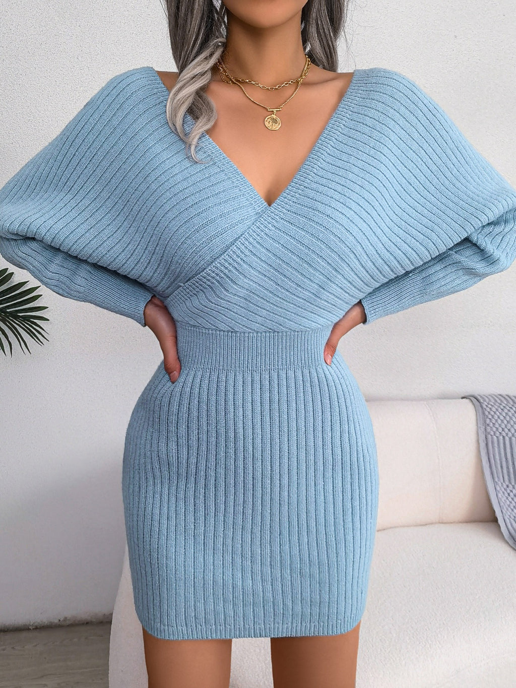 Vestido justo com decote em V cruzado, vestidos sensuais com mangas em forma de asa de morcego e decote cruzado, Roupa de mulher