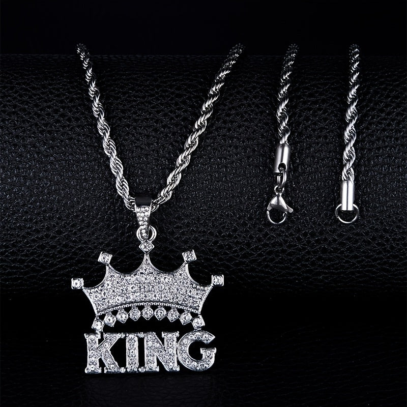 Colar com pingente de hip-hop «Crown King Iced Out» para homem, com corrente tipo corda em aço inoxidável de 61 cm