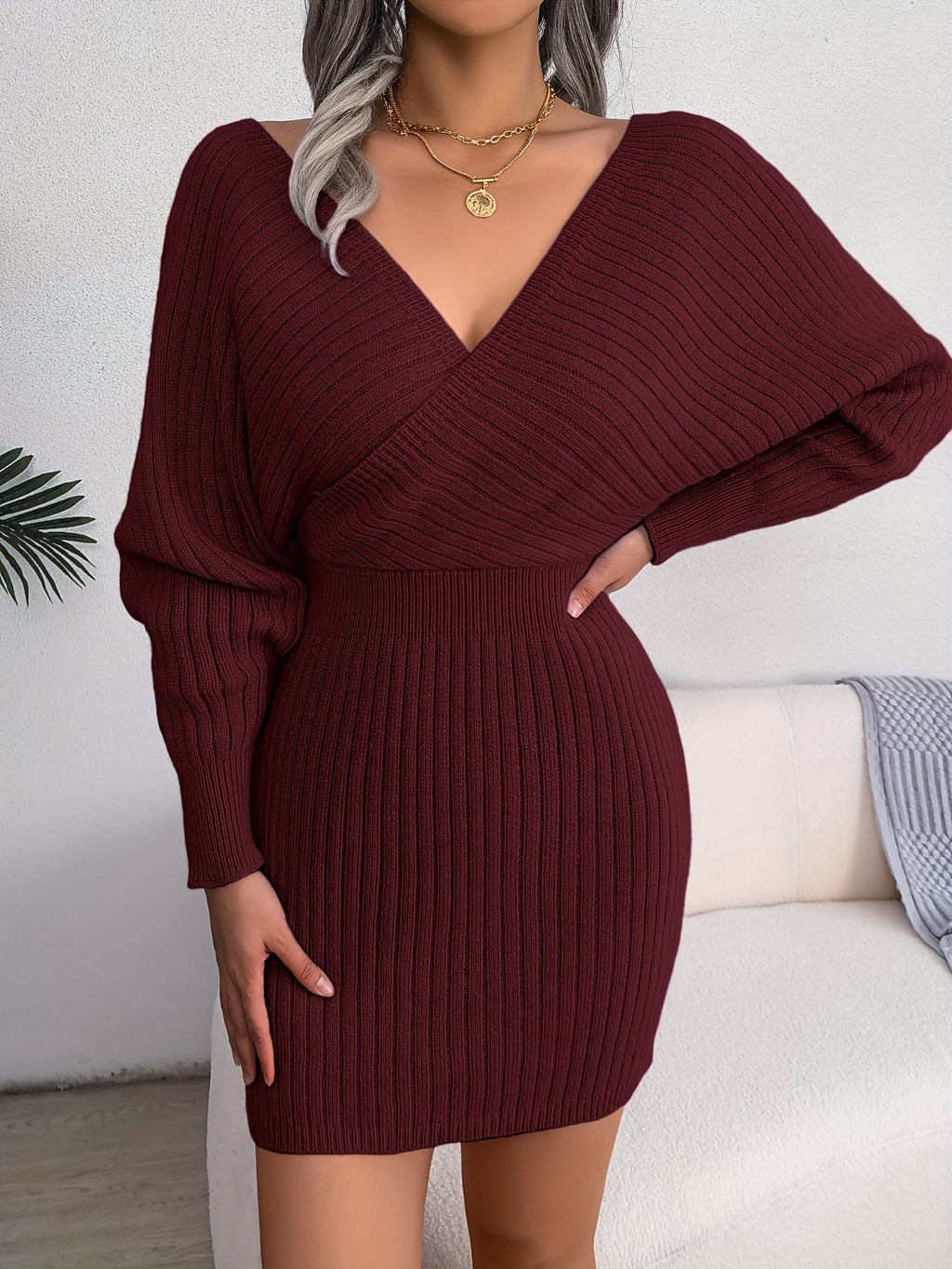 Vestido justo com decote em V cruzado, vestidos sensuais com mangas em forma de asa de morcego e decote cruzado, Roupa de mulher