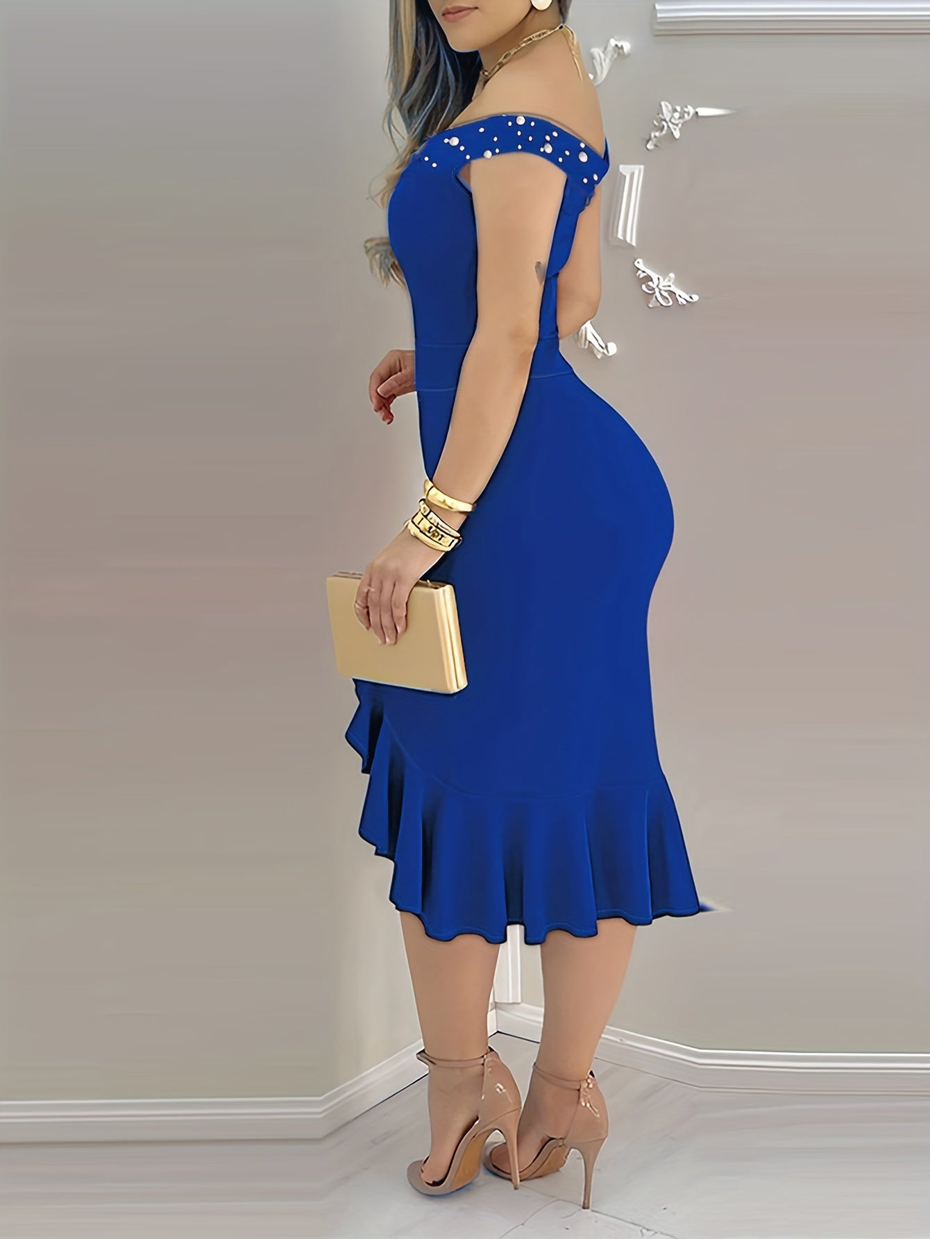 Vestido de verão estilo boho com ombros à vista/gola em barco e fenda na bainha - Vestido de praia leve para a piscina, férias, ocasiões casuais ou mais elegantes - Cor lisa (lavável à mão)