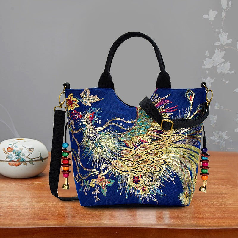 Mala tipo sacola bordada , bolsa de moda com duas alças, mala de estilo retro com alça removível
