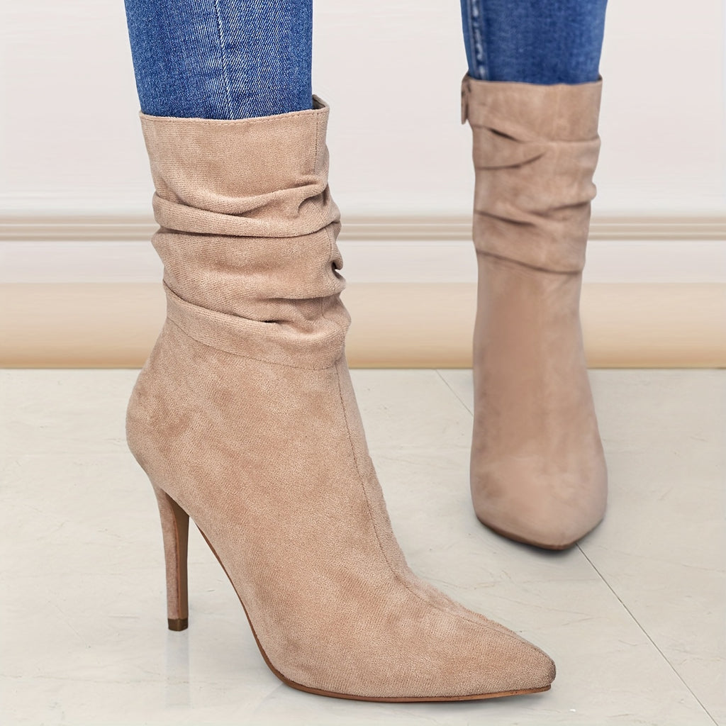 Botas femininas de cano alto até ao joelho, novo modelo para mulher com biqueira pontiaguda, salto fino e salto médio enrugado, calçado feminino