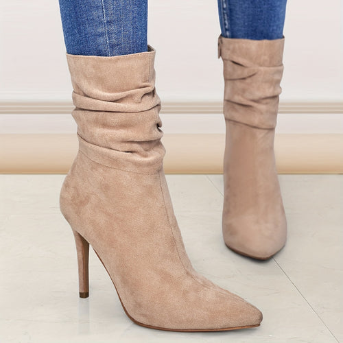 Botas femininas de cano alto até ao joelho, novo modelo para mulher com biqueira pontiaguda, salto fino e salto médio enrugado, calçado feminino