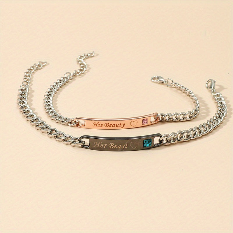 Conjunto de pulseiras para casal com cristais artificiais «King Queen» - Liga metálica moderna, estilo minimalista para uso diário, acessórios