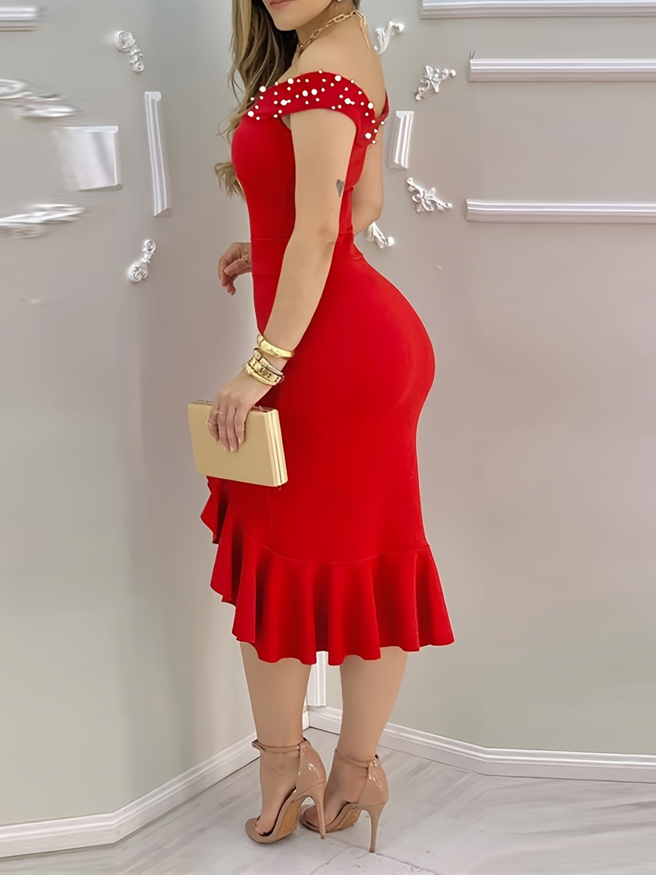 Vestido de verão estilo boho com ombros à vista/gola em barco e fenda na bainha - Vestido de praia leve para a piscina, férias, ocasiões casuais ou mais elegantes - Cor lisa (lavável à mão)