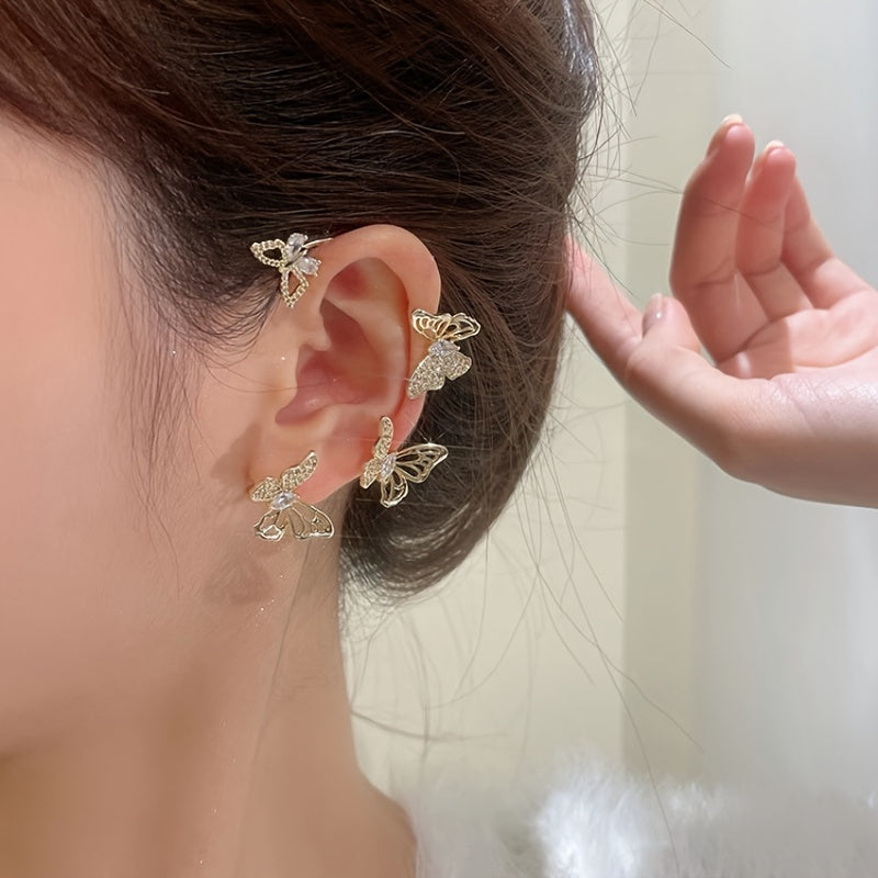 Brincos elegantes em forma de borboleta para mulher - Ganchos para orelhas sem perfuração, com detalhes em pedras sintéticas, joias para o dia-a-dia e ocasiões formais, como festas e casamentos