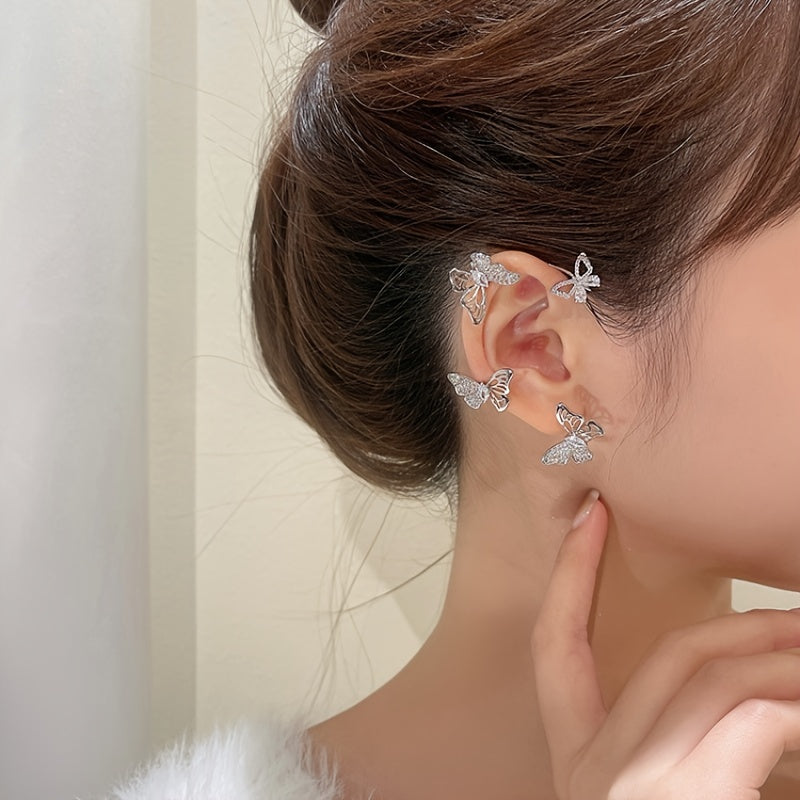 Brincos elegantes em forma de borboleta para mulher - Ganchos para orelhas sem perfuração, com detalhes em pedras sintéticas, joias para o dia-a-dia e ocasiões formais, como festas e casamentos