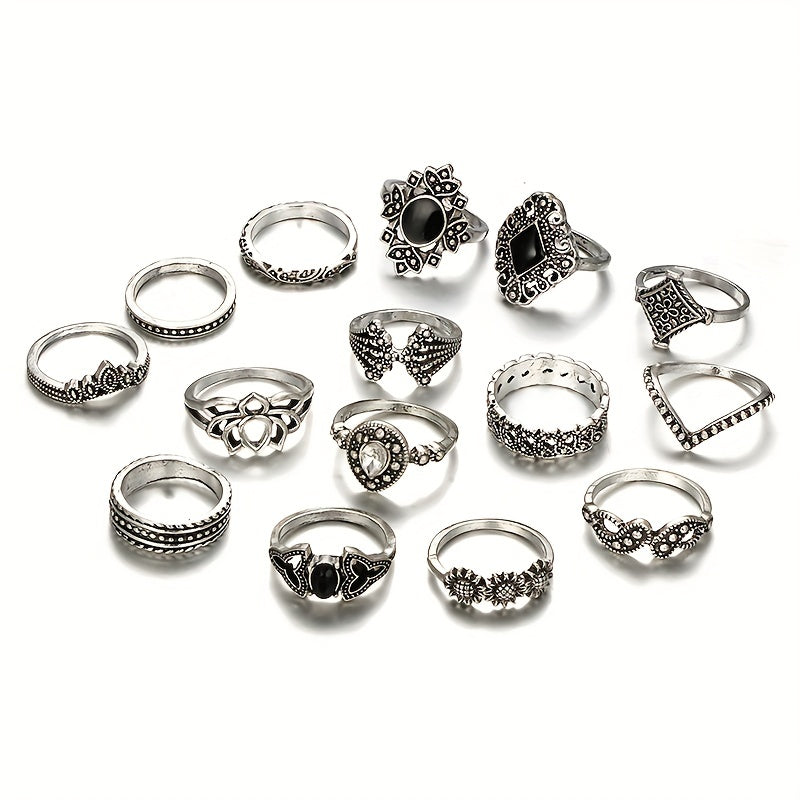 Conjunto de 15 anéis vintage de liga metálica com padrão de flores pequenas da Lotus – Conjunto de anéis para mulher, presente de joalharia