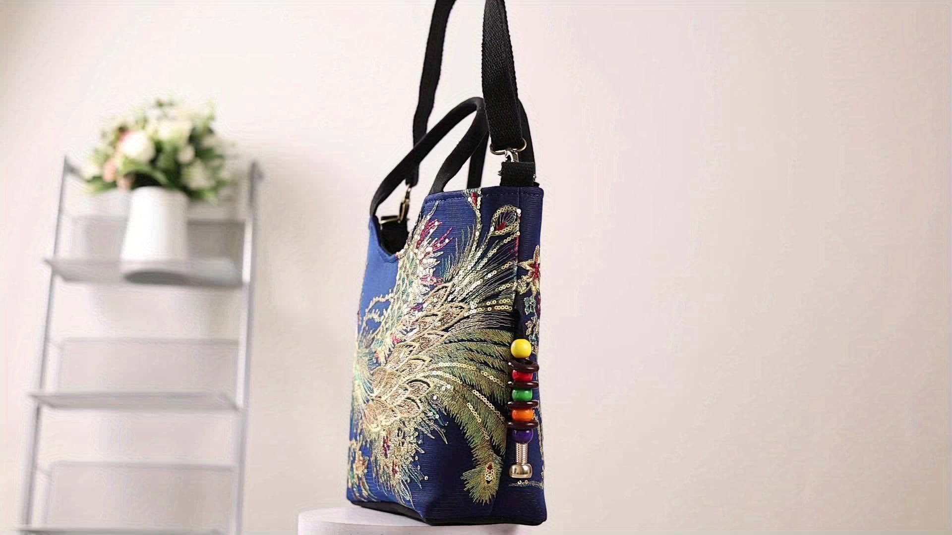 Mala tipo sacola bordada , bolsa de moda com duas alças, mala de estilo retro com alça removível