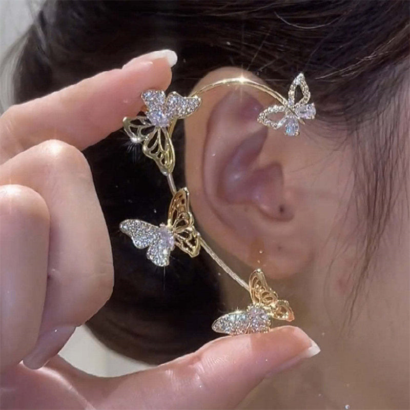 Brincos elegantes em forma de borboleta para mulher - Ganchos para orelhas sem perfuração, com detalhes em pedras sintéticas, joias para o dia-a-dia e ocasiões formais, como festas e casamentos
