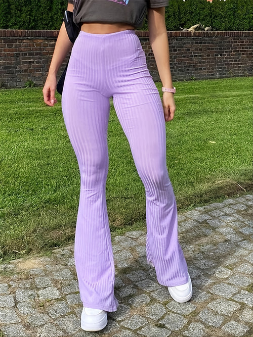 Calças justas às riscas com perna larga, calças casuais elásticas de cintura alta, roupa feminina