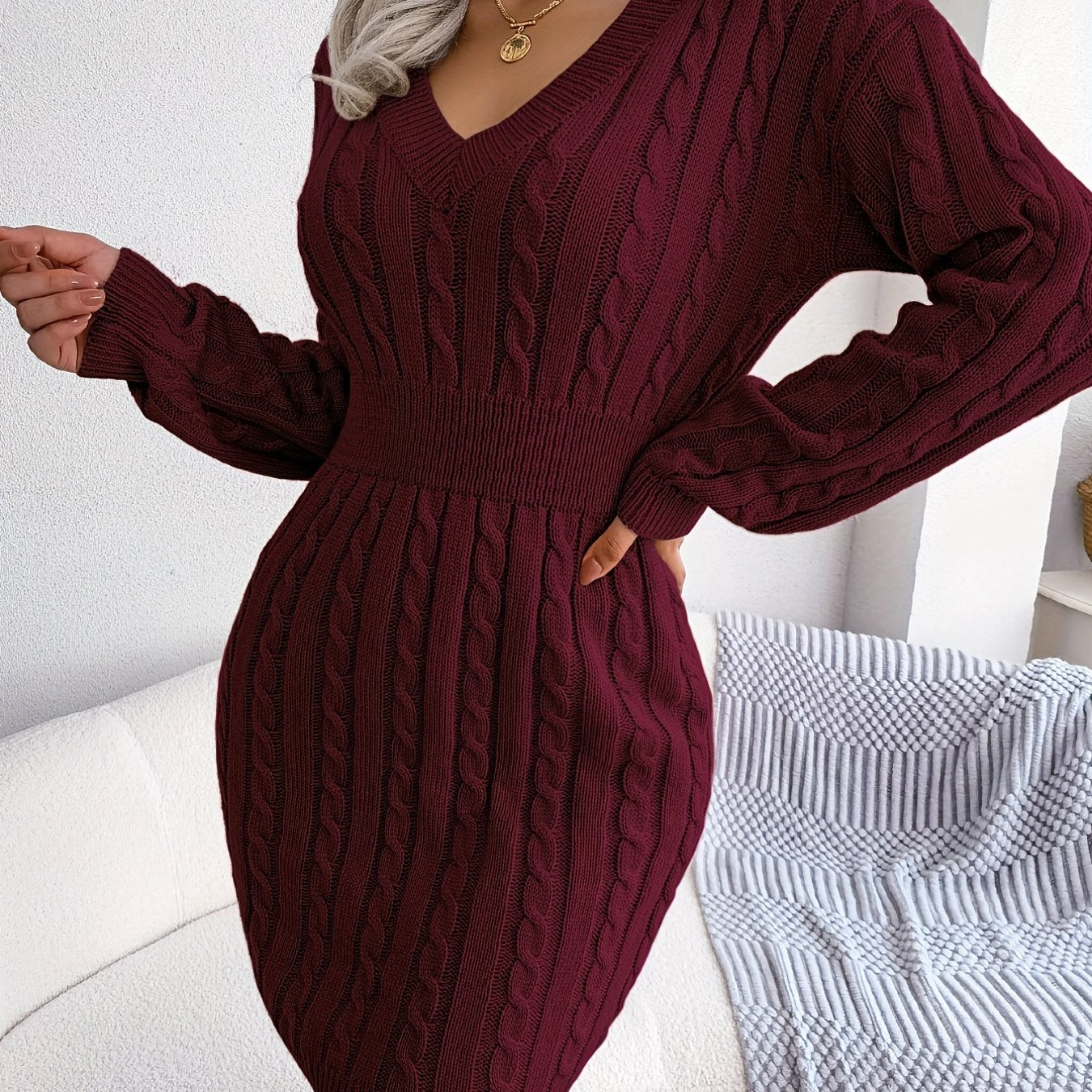 Vestido de malha com cintura torcida em cânhamo, de cor sólida, estilo hip