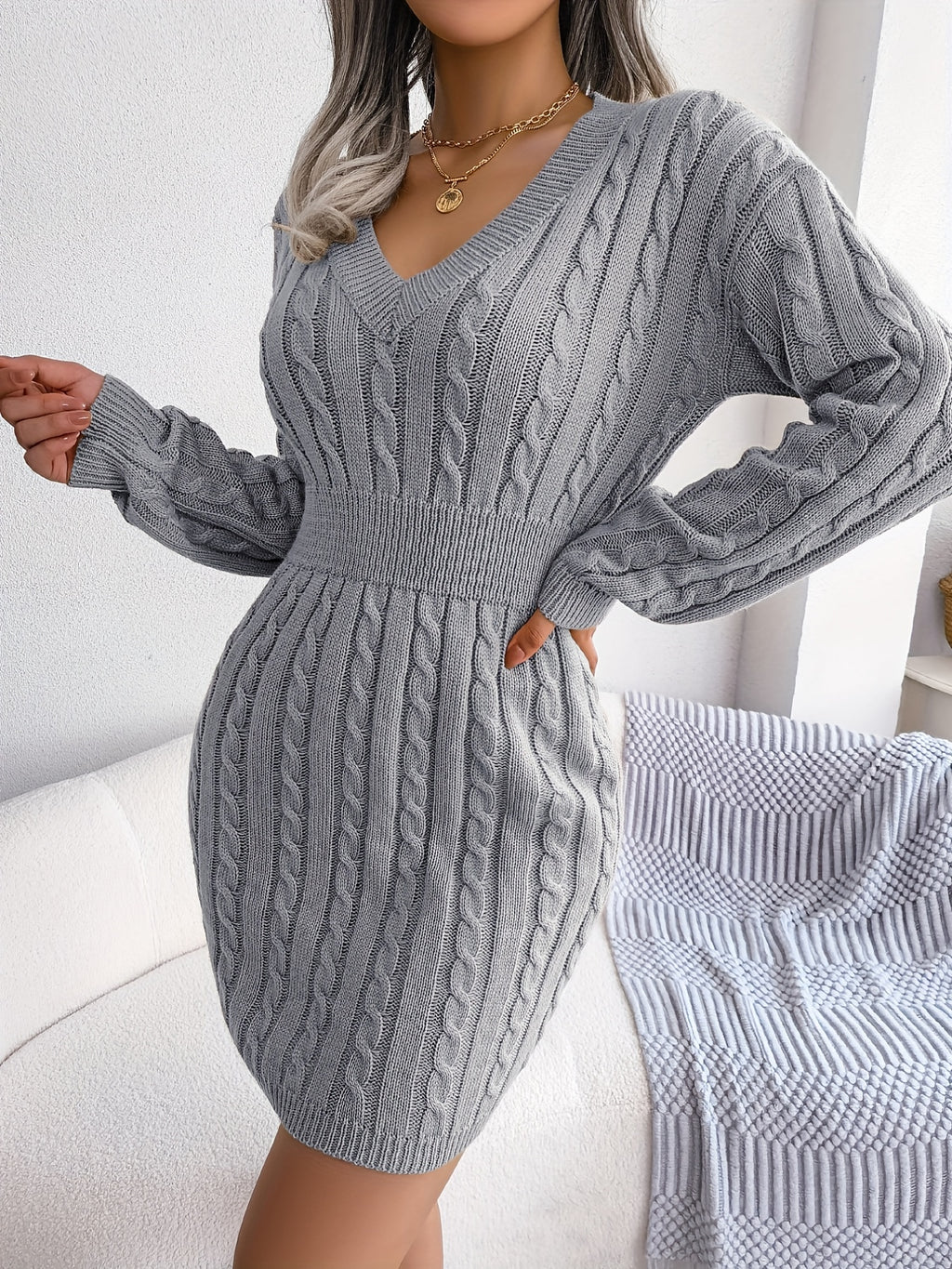 Vestido de malha com cintura torcida em cânhamo, de cor sólida, estilo hip