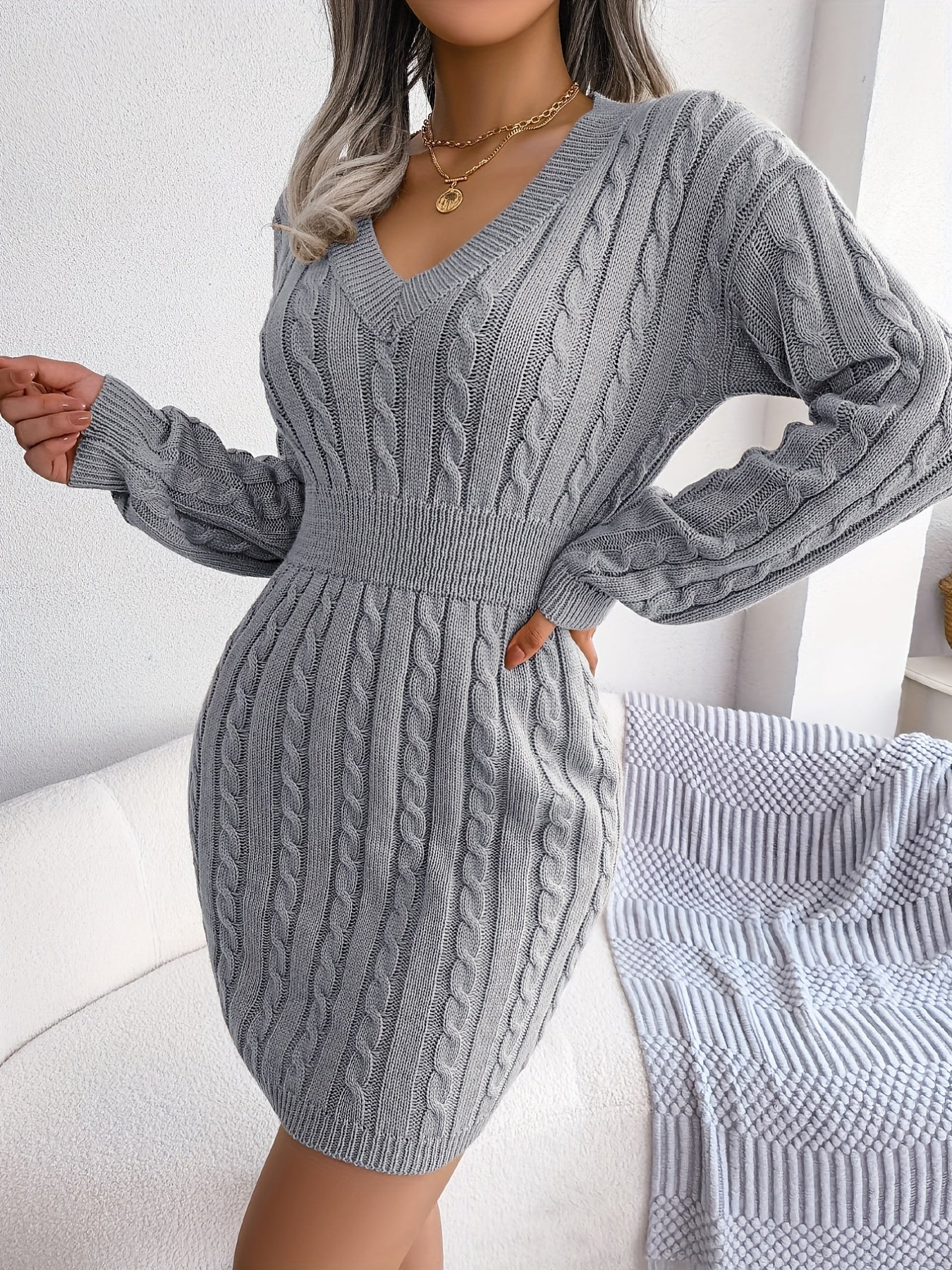 Vestido de malha com cintura torcida em cânhamo, de cor sólida, estilo hip