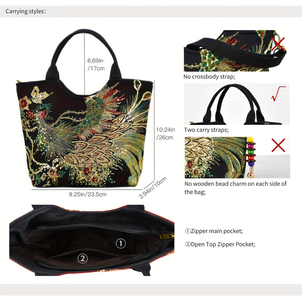 Mala tipo sacola bordada , bolsa de moda com duas alças, mala de estilo retro com alça removível