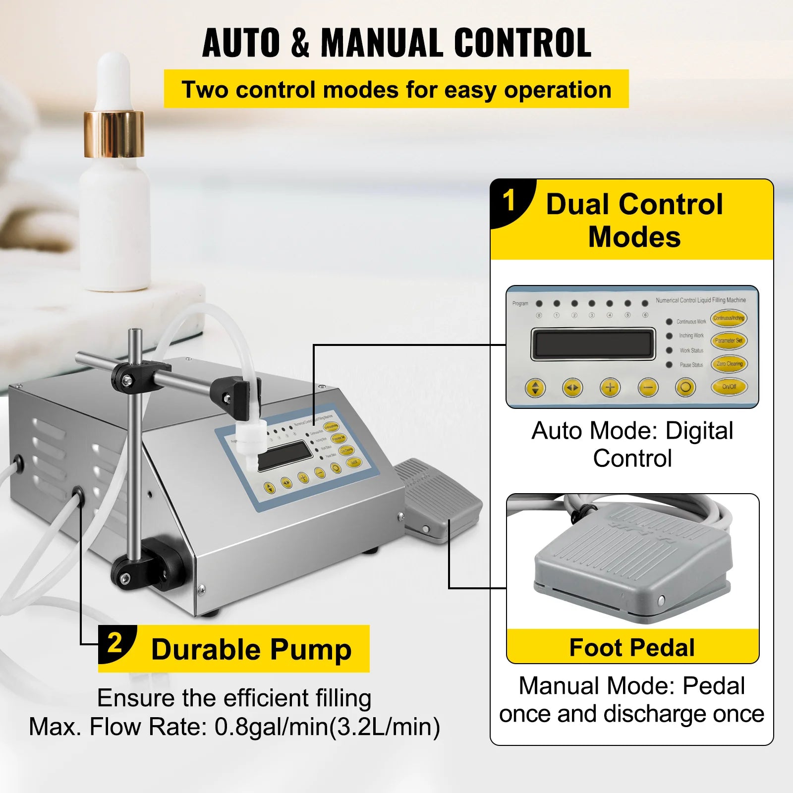 Máquina de enchimento de líquidos SucceBuy 5-3500 ml GFK160 com controlo digital para água, bebidas, perfumes, cosméticos, sumos e leite – Enchedora de garrafas pequenas