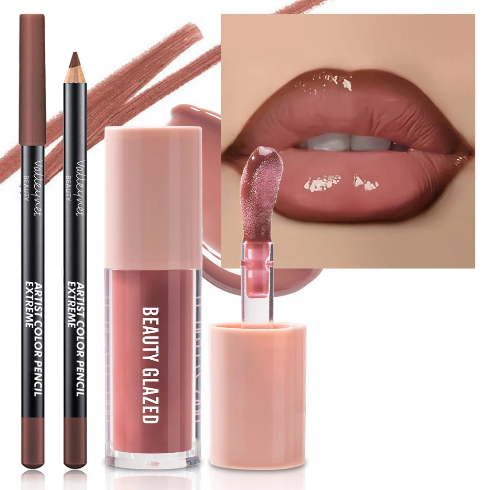 Conjunto de 2 unidades de maquilhagem para lábios com textura aveludada, efeito mate, nas cores vermelho e castanho, para criar uma maquilhagem hidratante e natural nos lábios