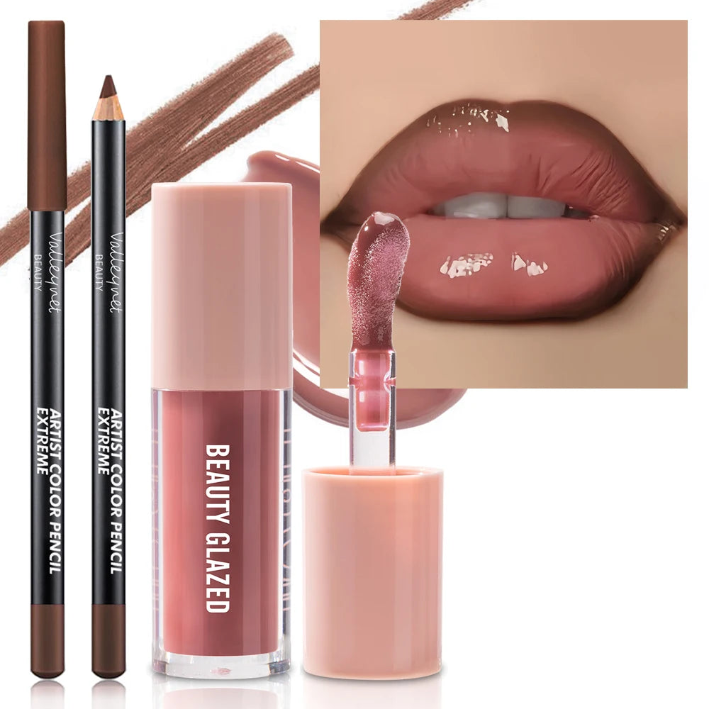 Conjunto de 2 unidades de maquilhagem para lábios com textura aveludada, efeito mate, nas cores vermelho e castanho, para criar uma maquilhagem hidratante e natural nos lábios