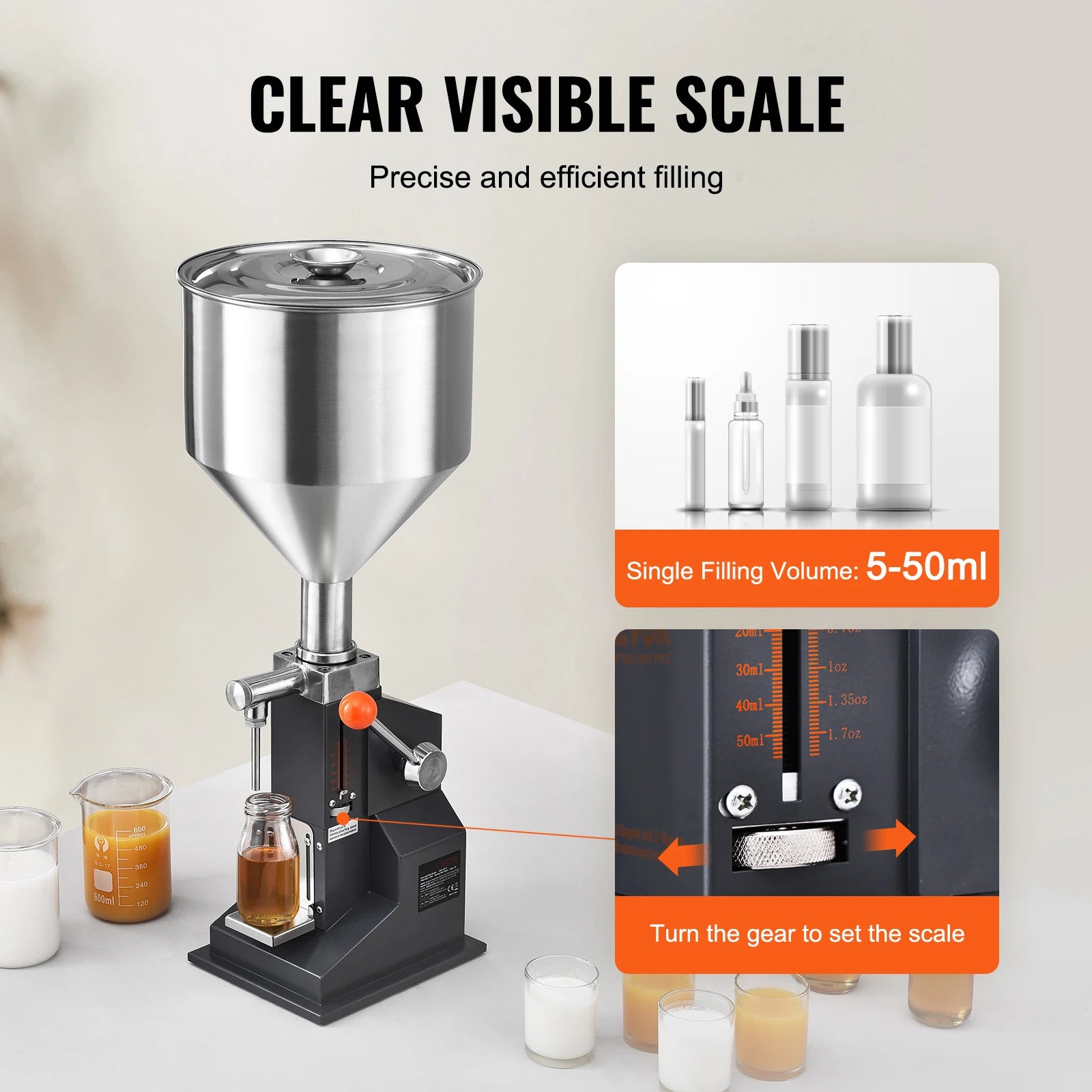 Máquina de enchimento manual de líquidos SucceBuy A03, 5-50 ml/5-100 ml, para frascos de pasta, ajustável com tremonha, para água, champô e mel
