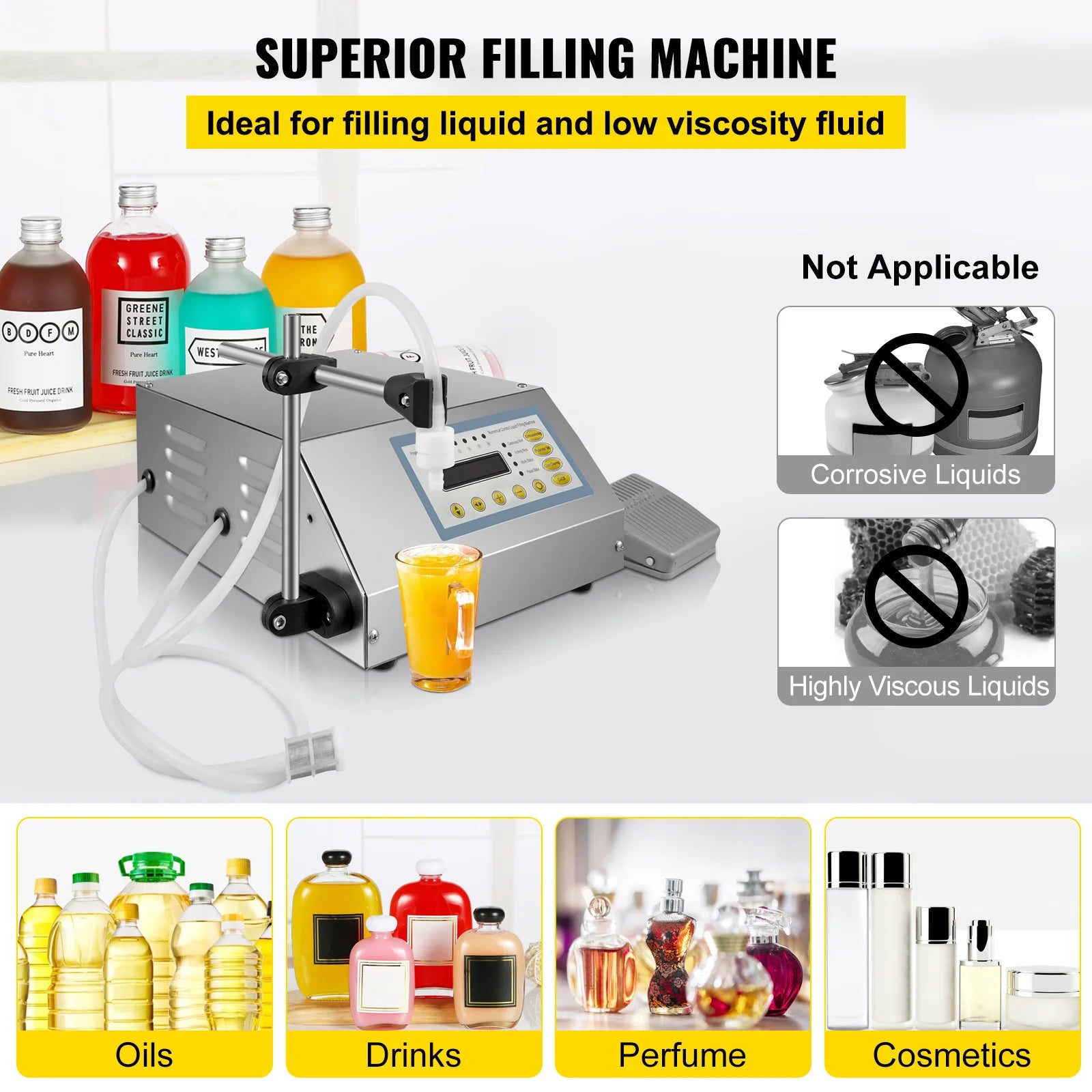 Máquina de enchimento de líquidos SucceBuy 5-3500 ml GFK160 com controlo digital para água, bebidas, perfumes, cosméticos, sumos e leite – Enchedora de garrafas pequenas