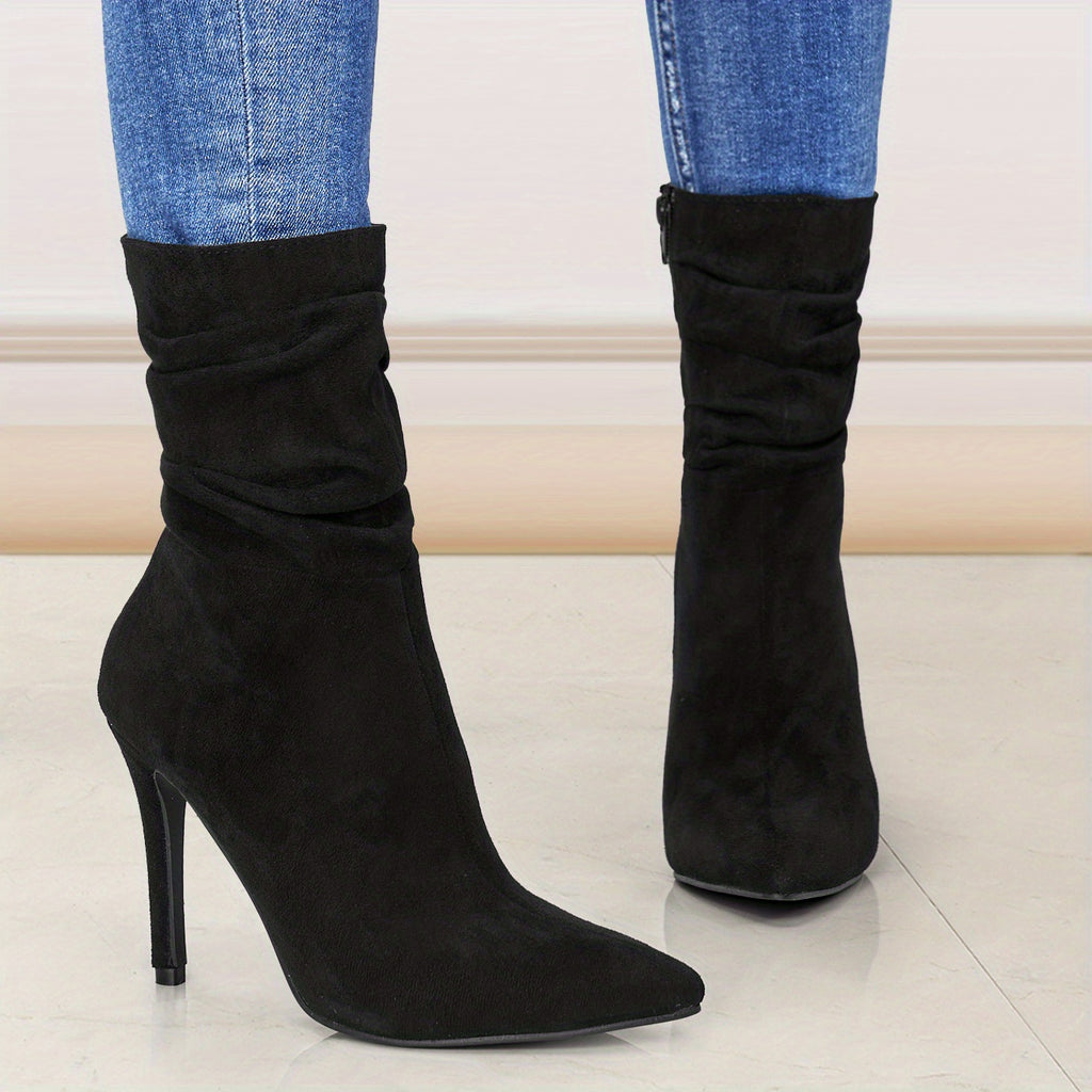 Botas femininas de cano alto até ao joelho, novo modelo para mulher com biqueira pontiaguda, salto fino e salto médio enrugado, calçado feminino