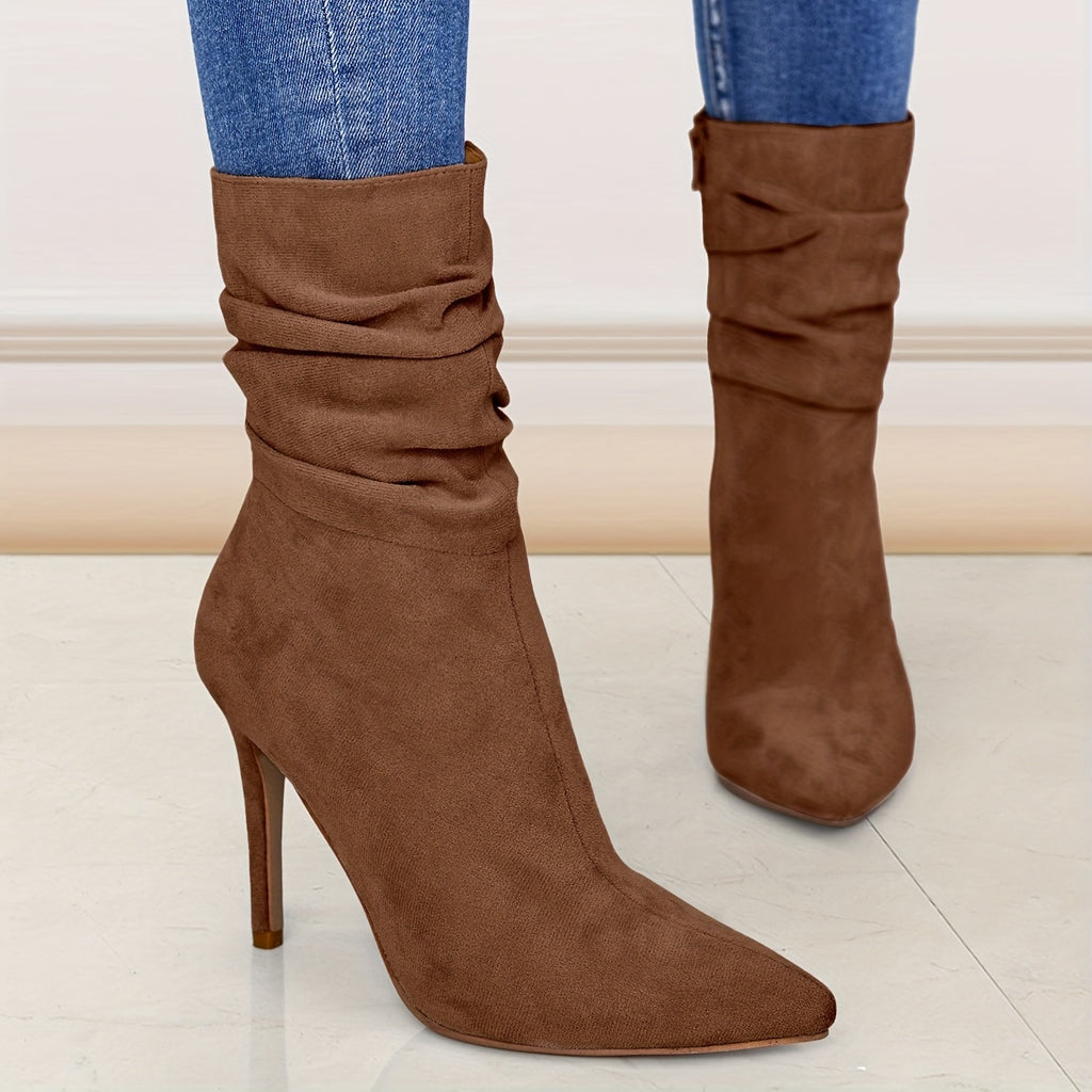 Botas femininas de cano alto até ao joelho, novo modelo para mulher com biqueira pontiaguda, salto fino e salto médio enrugado, calçado feminino
