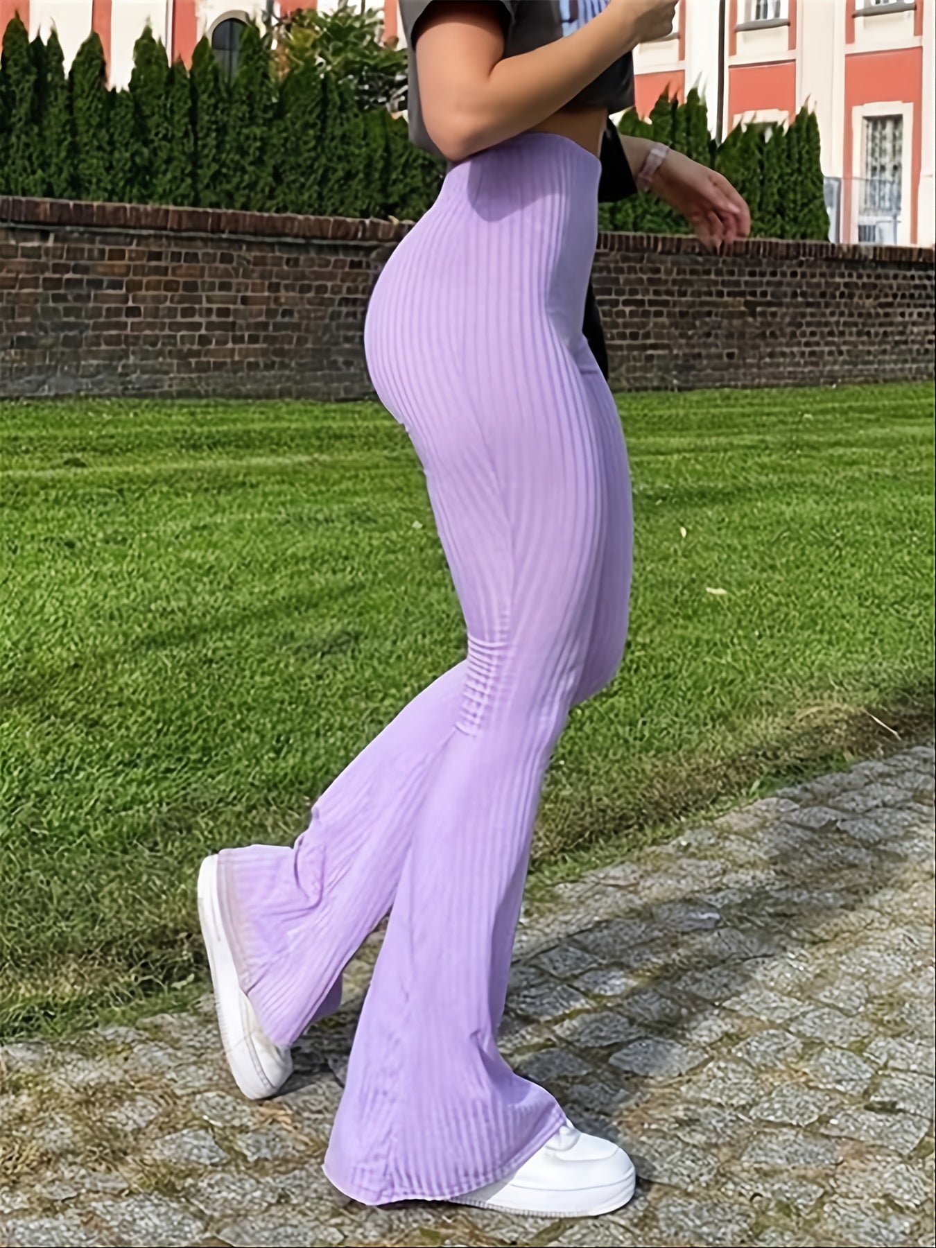 Calças justas às riscas com perna larga, calças casuais elásticas de cintura alta, roupa feminina