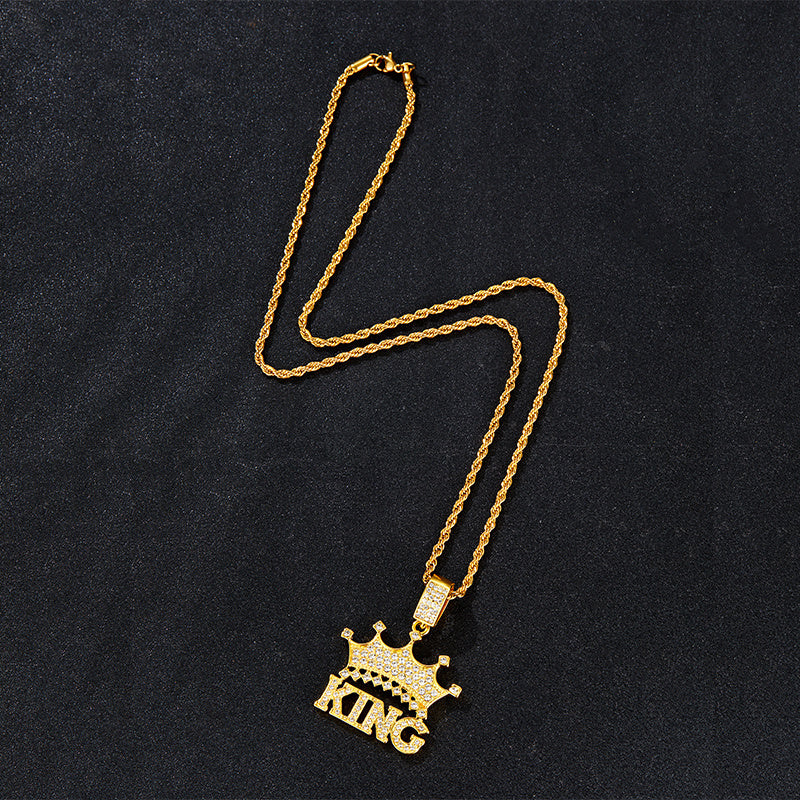 Colar com pingente de hip-hop «Crown King Iced Out» para homem, com corrente tipo corda em aço inoxidável de 61 cm