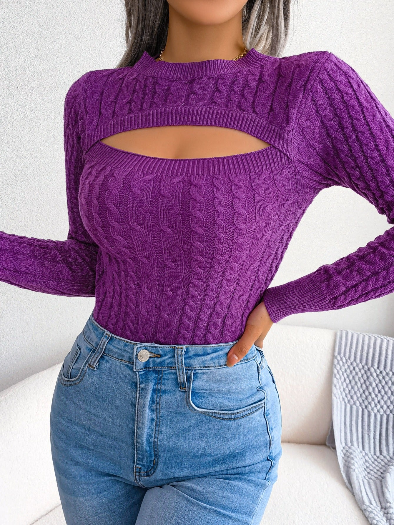 Camisola feminina de manga comprida com aberturas | Tecido altamente elástico, gola redonda, corte justo e sensual