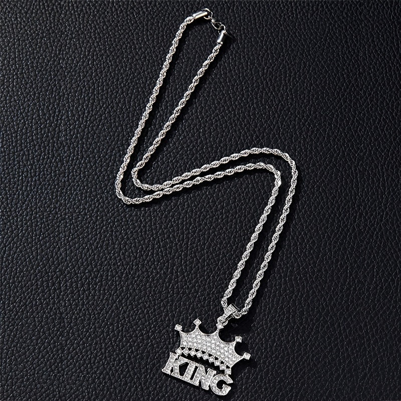 Colar com pingente de hip-hop «Crown King Iced Out» para homem, com corrente tipo corda em aço inoxidável de 61 cm