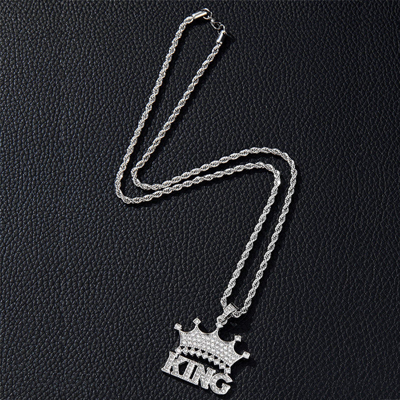 Colar com pingente de hip-hop «Crown King Iced Out» para homem, com corrente tipo corda em aço inoxidável de 61 cm