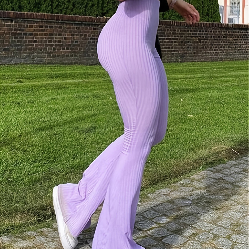 Calças justas às riscas com perna larga, calças casuais elásticas de cintura alta, roupa feminina