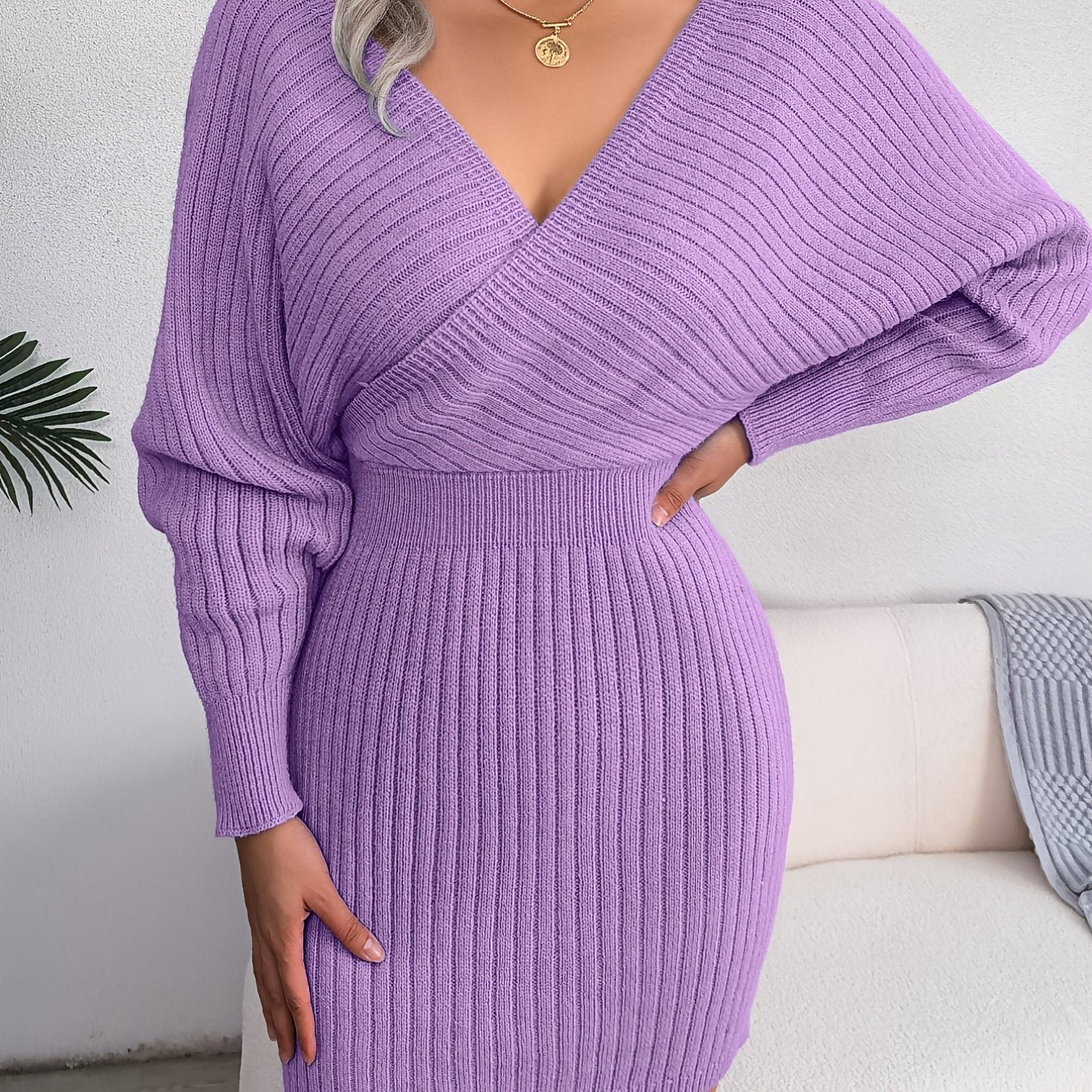 Vestido justo com decote em V cruzado, vestidos sensuais com mangas em forma de asa de morcego e decote cruzado, Roupa de mulher
